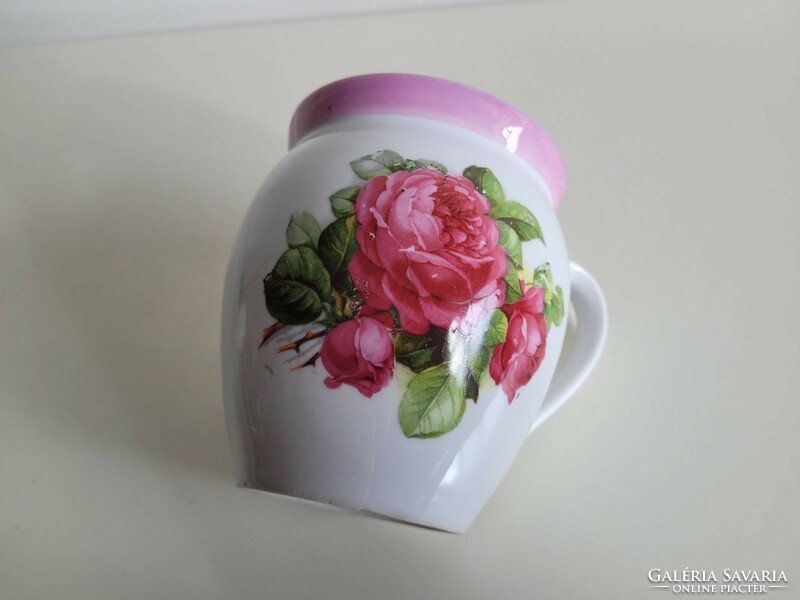 Régi 1 literes porcelán rózsaszín rózsás csupor nagy tejfölös bögre rózsa mintás eozin csíkos szilke