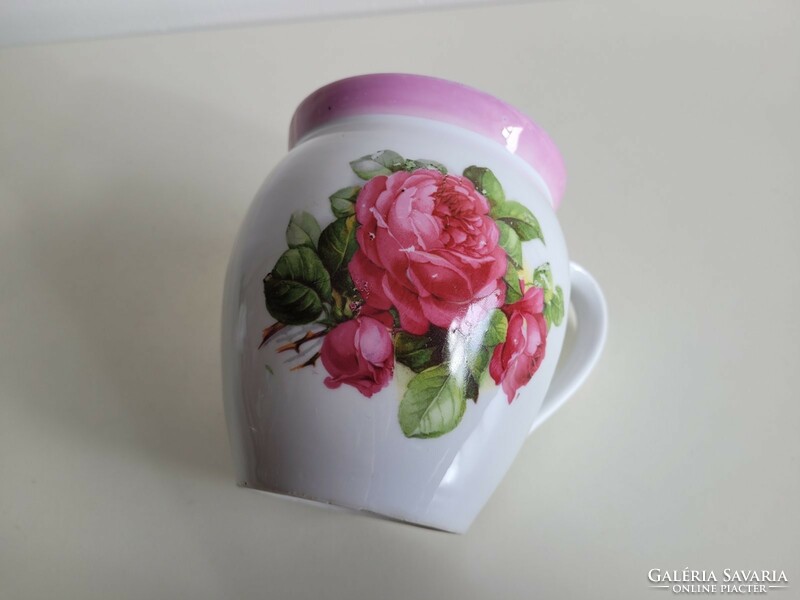 Old 1 liter porcelain pink rosy spout large cream mug rose pattern eosin striped silk