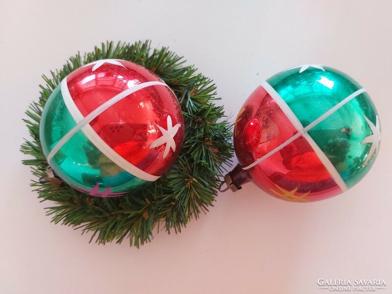 Old glass Christmas tree decoration green red painted sphere glass decoration 2 pcs