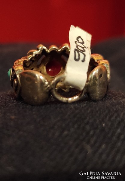 Antik ezüst gyűrű türkiz és korall díszítéssel