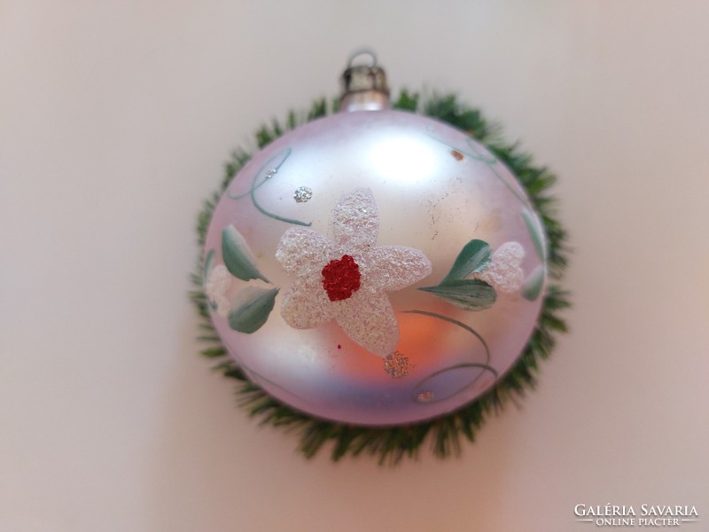 Régi üveg karácsonyfadísz festett virágos gömb üvegdísz 2 db