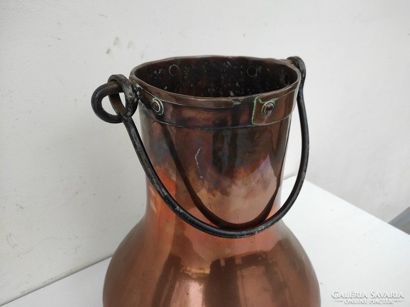 Antique kitchen pot red copper with decorative wrought iron handle patched 817 6290
