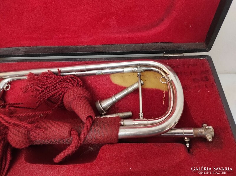 Antik hangszer rézfúvós trombita kürt dobozában 388 6305