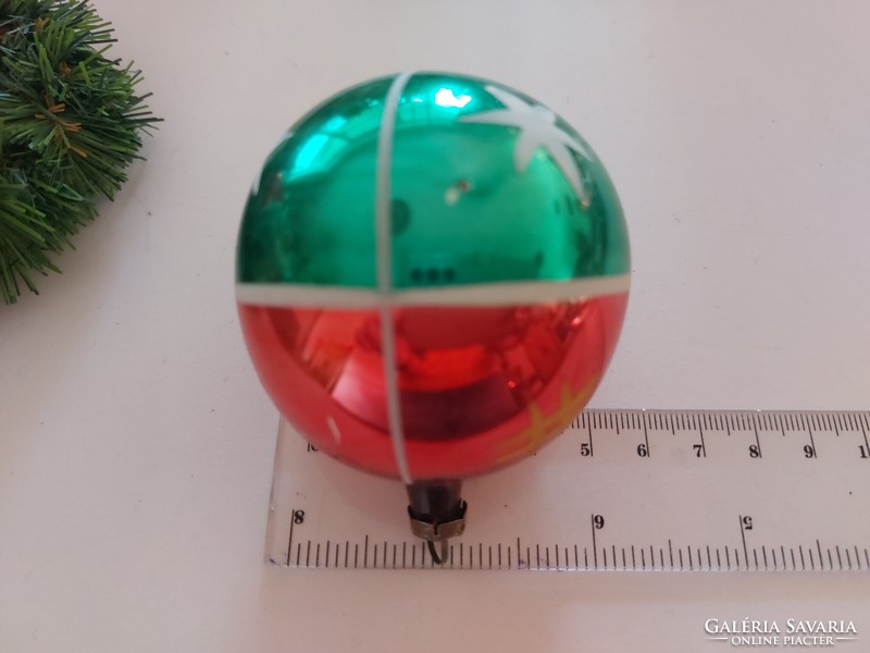 Régi üveg karácsonyfadísz zöld piros fesett gömb üvegdísz 2 db