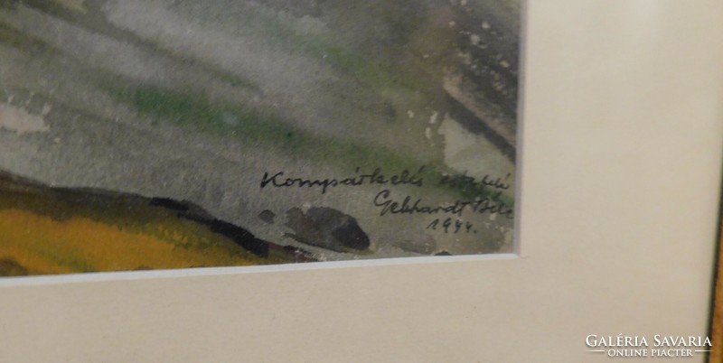 Gebhardt Béla: Akvarell,Kompátkelés estefelé 1944.,jelzett
