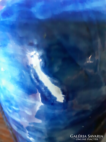 Cobalt blue large vase with glossy glaze with black pattern