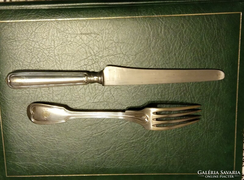 Investment, gift, antique monogram marked silver knife and fork set, silver ornament