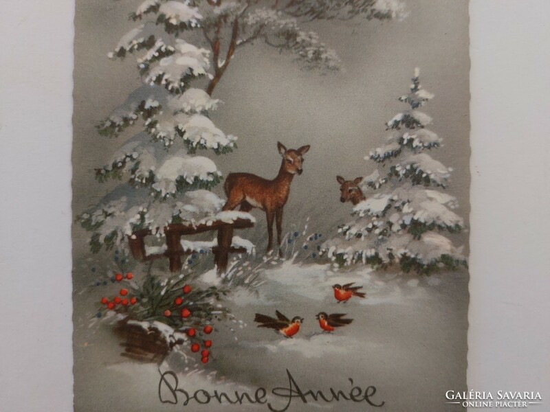 Régi karácsonyi képeslap levelezőlap havas táj őzike kismadár