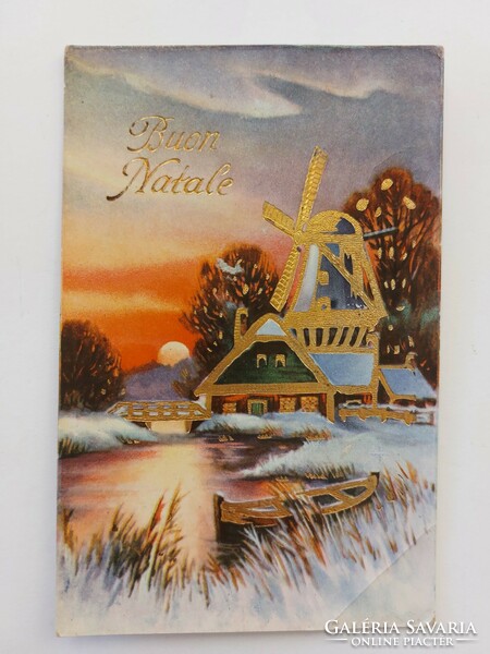 Régi karácsonyi képeslap 1936 levelezőlap patak havas táj vizimalom