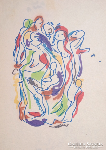 Bruckner Valéria: Színes társaság (29x19,5 cm) tollrajz