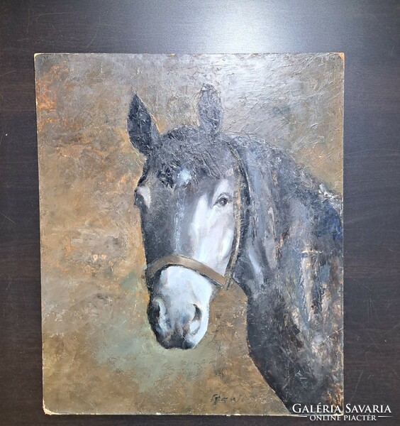 Imre Szanthoffer (1930-2007): horse portrait (oil painting on fiberboard, 60x50 cm) animal image