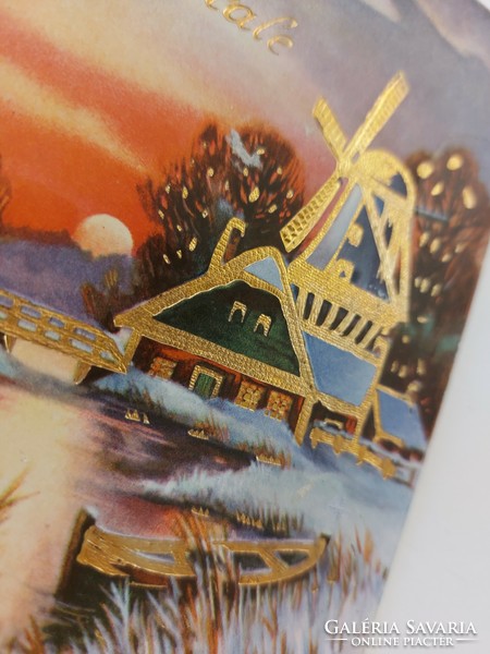Old Christmas postcard 1936 postcard stream snowy landscape watermill