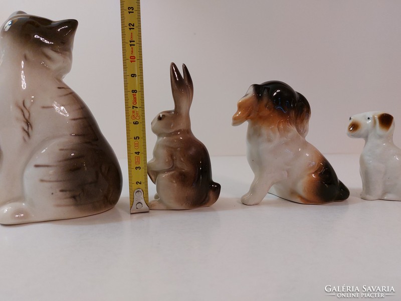 Retro old 4 pcs glazed ceramic domestic animals cats rabbits dogs