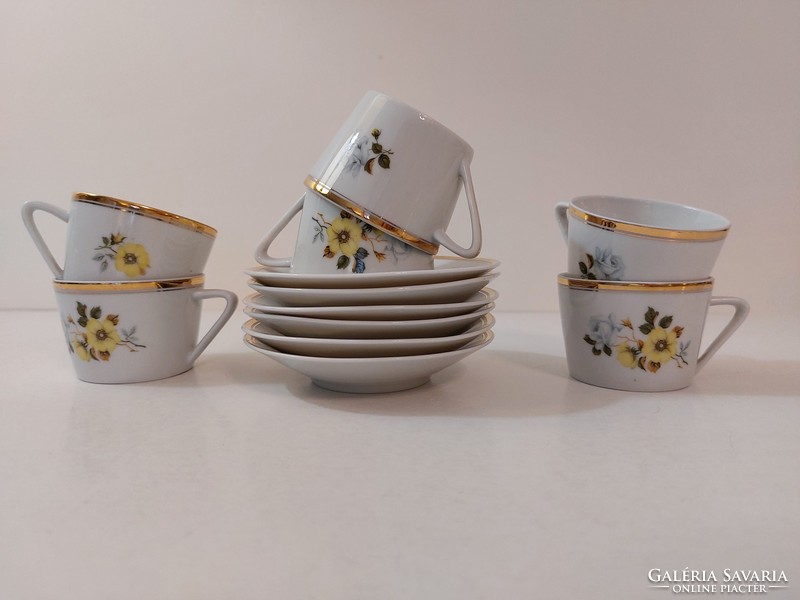 Retro Hollóházi porcelán kávés készlet sárga rózsás mokkás csésze 6 db