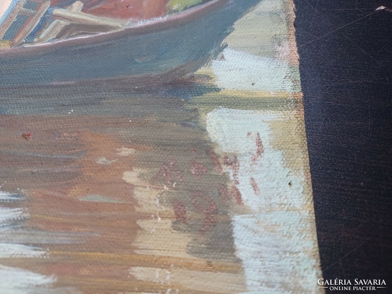 Folyóparti házikó, olaj vászon (19x31 cm) vízparti tájkép, csónakok