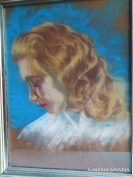 Attila Sassy: female portrait in its original frame, flawless 51x39 cm