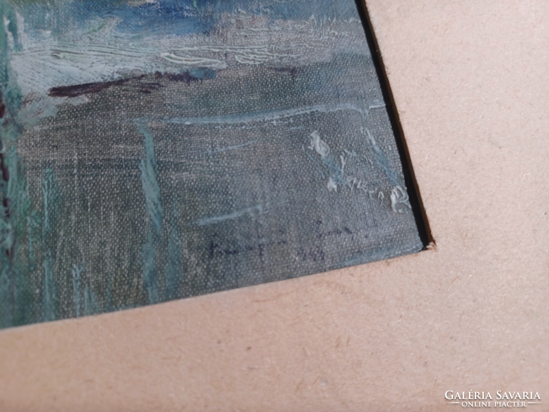 Waterside landscape detail, labeled oil painting (full size 31x47 cm) landscape strip