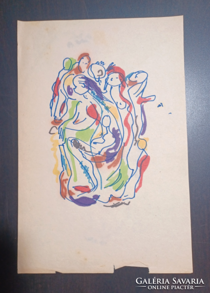 Bruckner Valéria: Színes társaság (29x19,5 cm) tollrajz