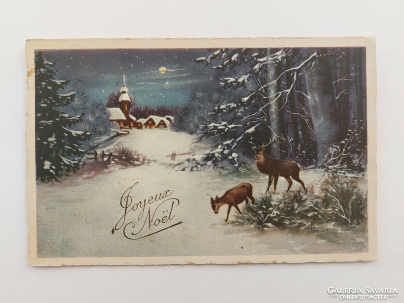 Régi karácsonyi képeslap levelezőlap havas erdő őzike