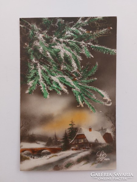 Old Christmas postcard 1932 postcard snowy landscape pine branch