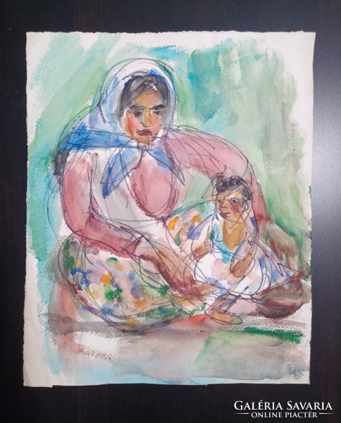 Bruckner Valéria: anya gyermekével - 40x32 cm - Akvarell