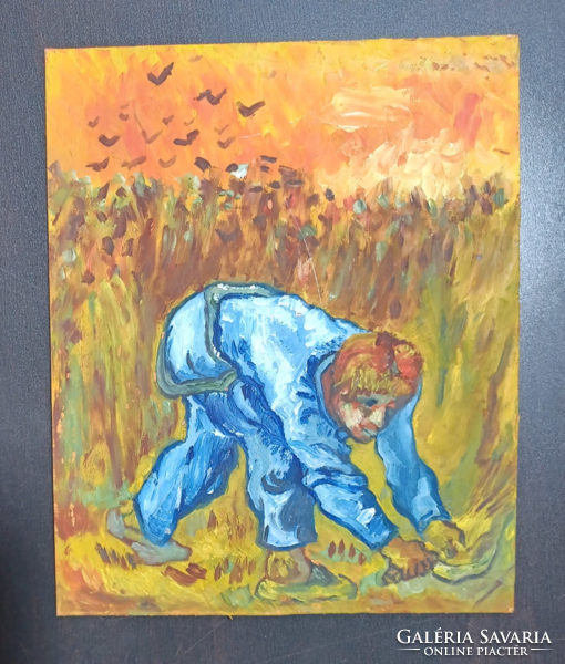 Van Gogh: A kalászszedő (Millet után) másolat - 19x15,5 cm, olaj karton, miniatűr