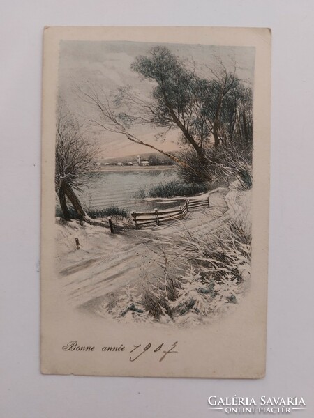 Régi karácsonyi képeslap 1907 levelezőlap havas táj tó