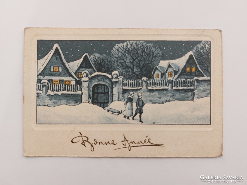 Old Christmas card postcard with snowy cottages
