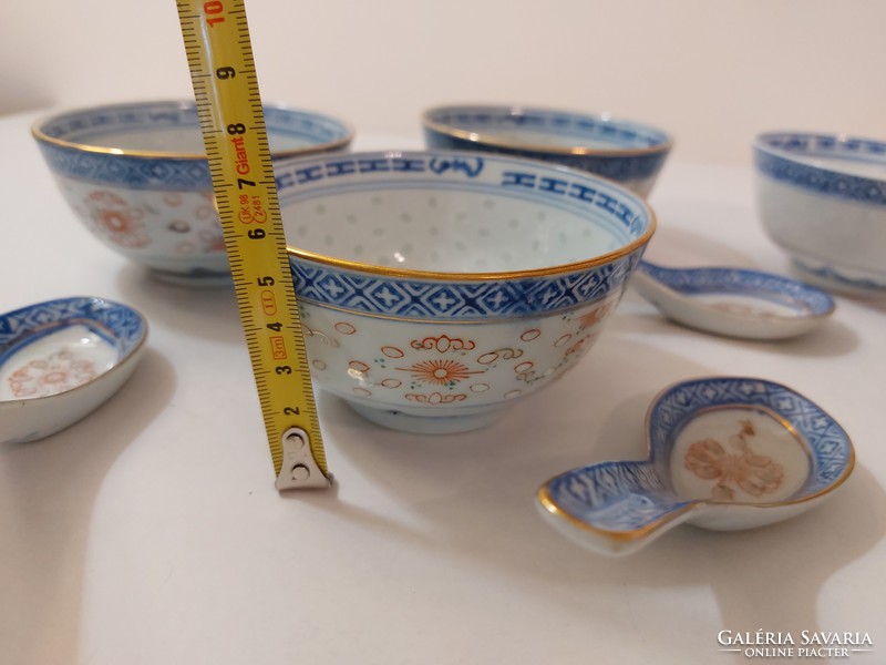 Kínai porcelán kék fehér kis tál kanállal 6 db