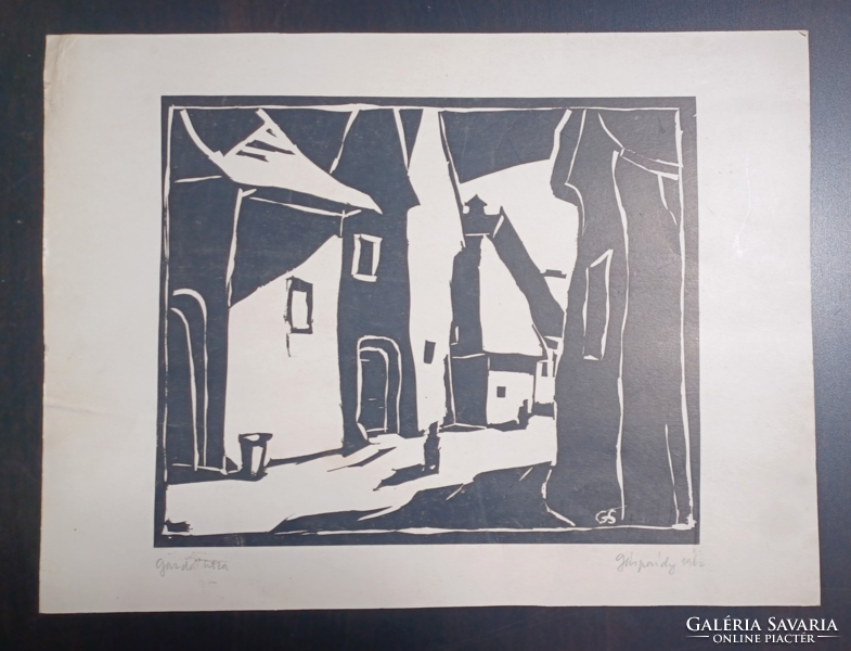 Gazda Street - Gáspárdy sign, 1962 - full size 40x30 cm - linocut, Budapest