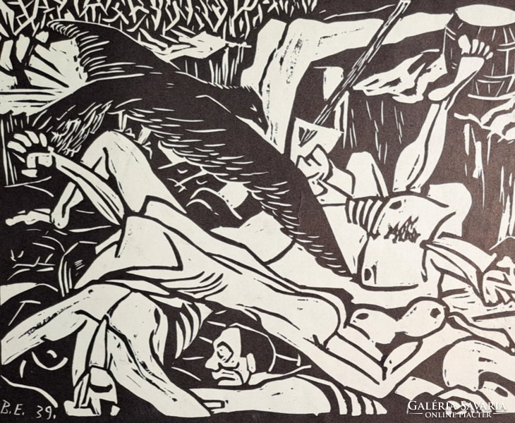 Ernő Berda (1914-1961): mass grave, 1939 - linocut - no pasaran, Spanish Civil War, massacre