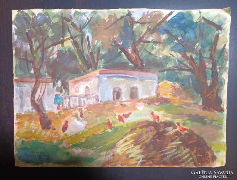 Ilona Altai: garden house with chickens (42x31 cm) watercolor, two-sided picture