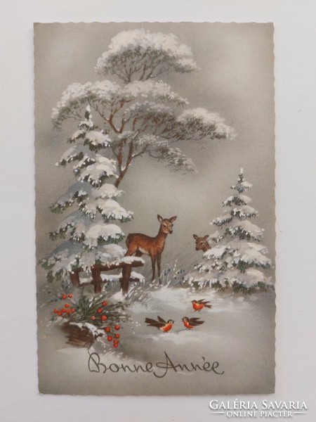 Régi karácsonyi képeslap levelezőlap havas táj őzike kismadár