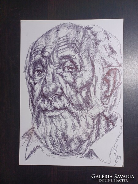 Portrait of an elderly man, pen drawing, labeled (30x21 cm) 2001
