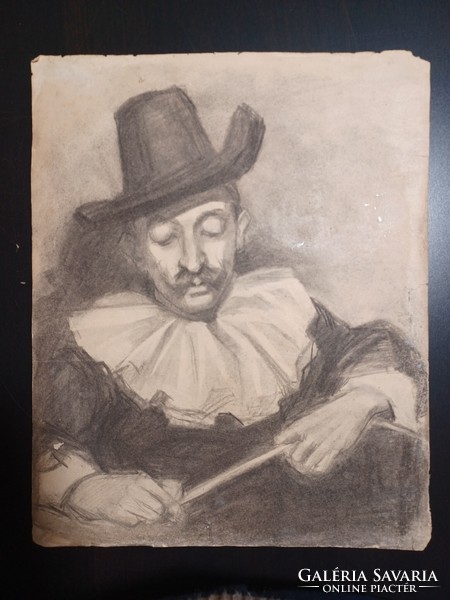 Spanyolgalléros férfi portréja (28x35 cm) kétoldalas kép, szénceruza, portré