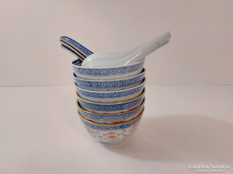 Kínai porcelán kék fehér kis tál kanállal 6 db