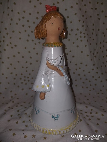 Győrbíró enikó: ceramic statue of a girl with a bird 26 cm