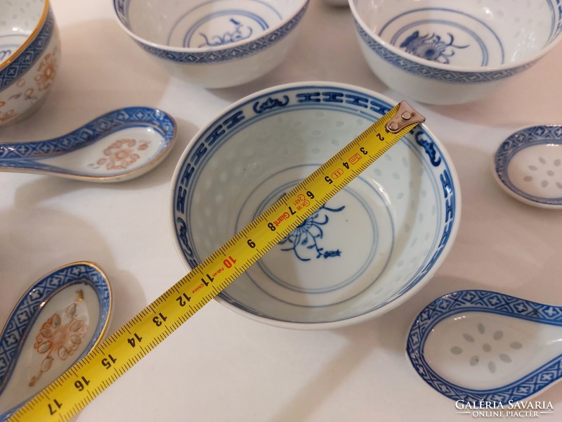 Kínai porcelán kék fehér kis tál kanállal 6 db