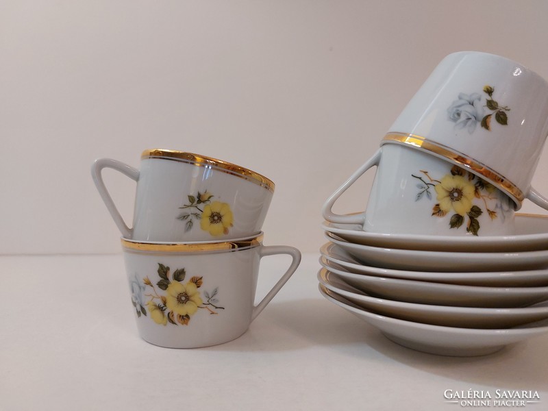 Retro Hollóházi porcelán kávés készlet sárga rózsás mokkás csésze 6 db