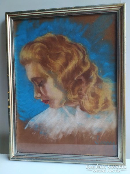 Attila Sassy: female portrait in its original frame, flawless 51x39 cm