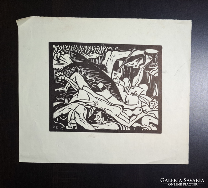 Ernő Berda (1914-1961): mass grave, 1939 - linocut - no pasaran, Spanish Civil War, massacre