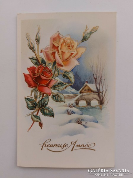 Régi karácsonyi képeslap 1955 levelezőlap havas táj rózsa