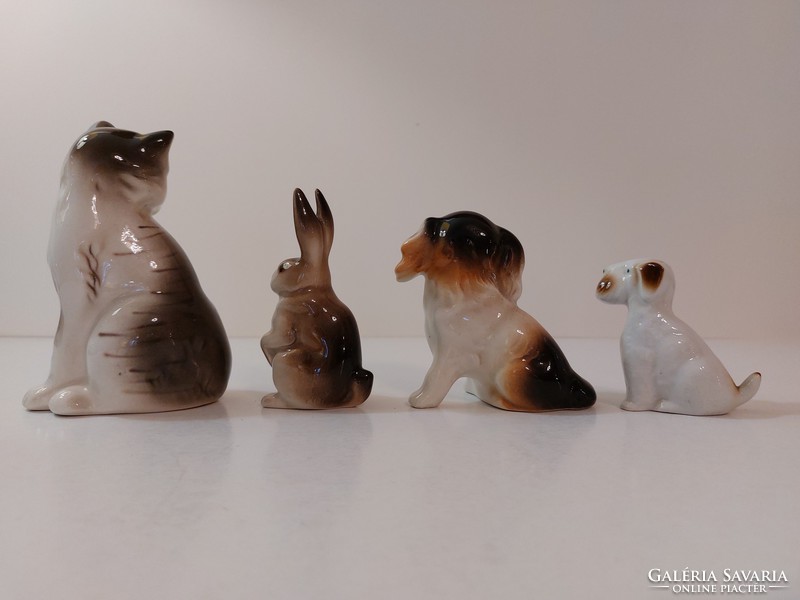Retro old 4 pcs glazed ceramic domestic animals cats rabbits dogs