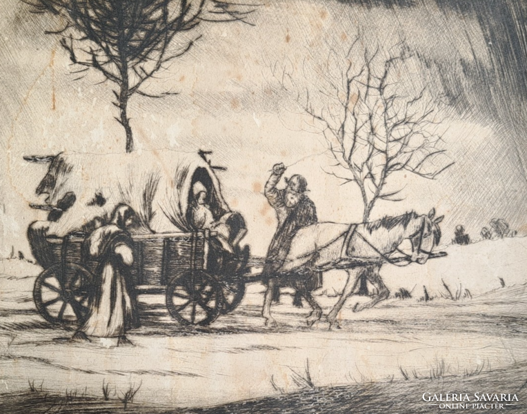 The carriage on the road - life etching - 25x20 cm - the surface is unfortunately stained