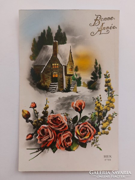 Régi karácsonyi képeslap 1938 levelezőlap havas táj rózsa mimóza