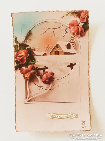 Régi karácsonyi képeslap 1944 levelezőlap havas táj rózsa