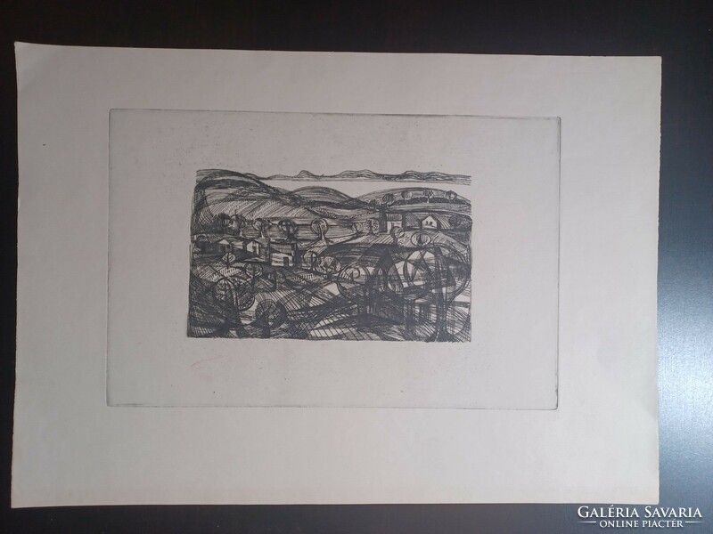 Dimbes-hilly landscape with houses, etching (full size 42x29.5 cm)