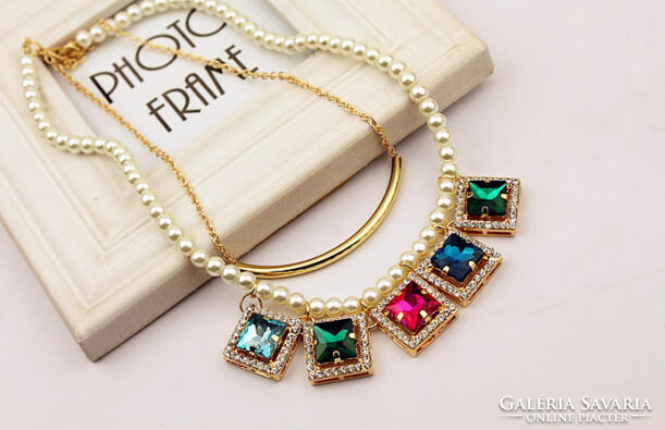 - 1000.- HUF 2-row cage colored zirconia pendant necklace with pearls, special and very showy.