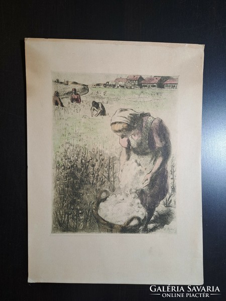 Work on the fields (1950 colored etching, full size 40x30) autumn kiss mark, social real life picture