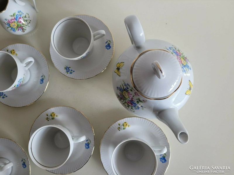 Régi retro német lepkés porcelán kávés készlet virágos lepke mintás mid century táskanna csésze